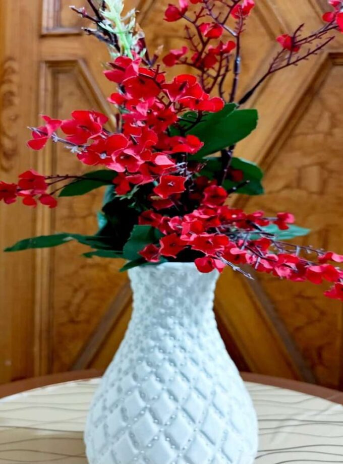 Scarlet Bloom Artificial Flower Vase – White Diamond Texture Pot